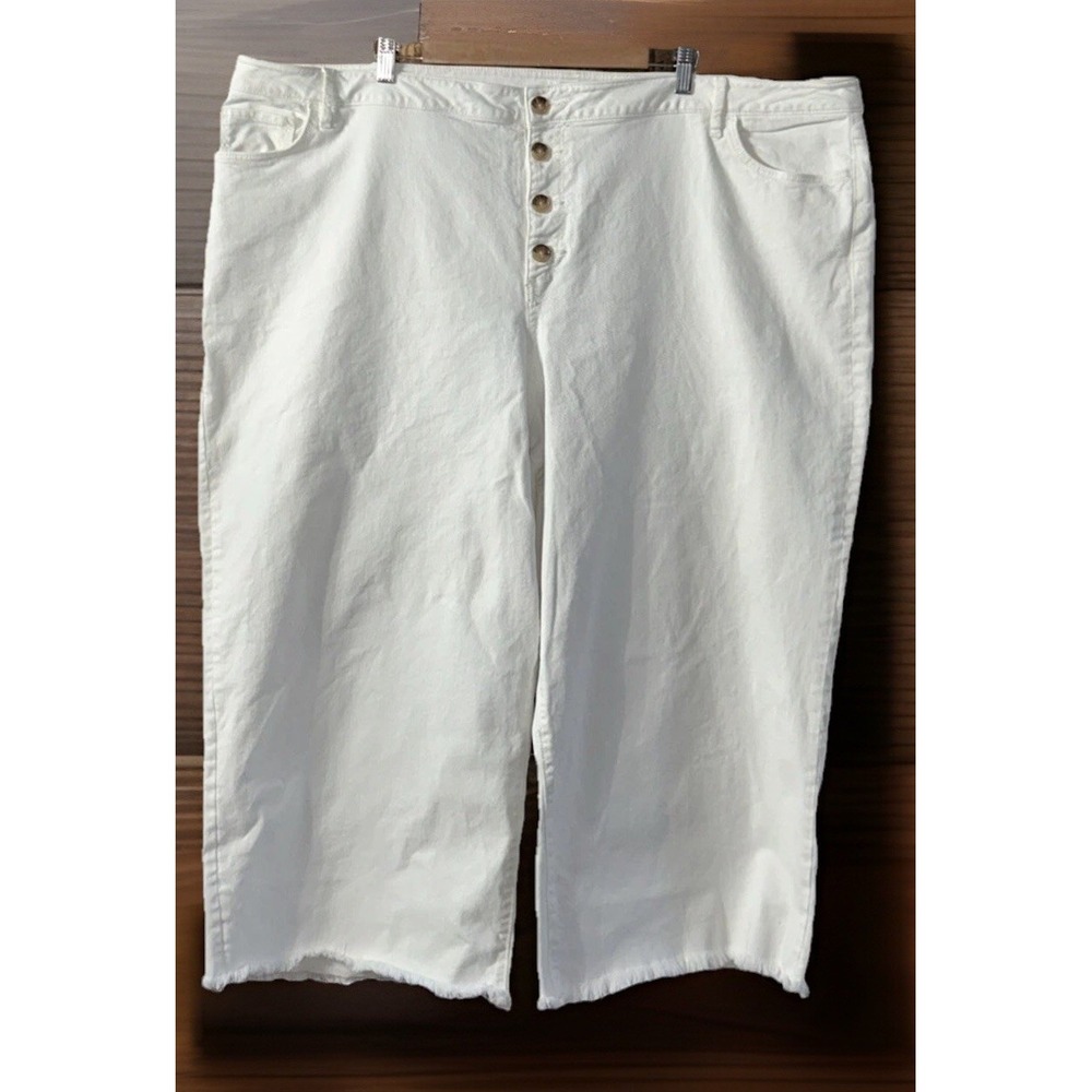 LOFT PLUS White High Waist Wide Leg Crop Jeans Plus Sz 26W Button Fly Raw Hem 26